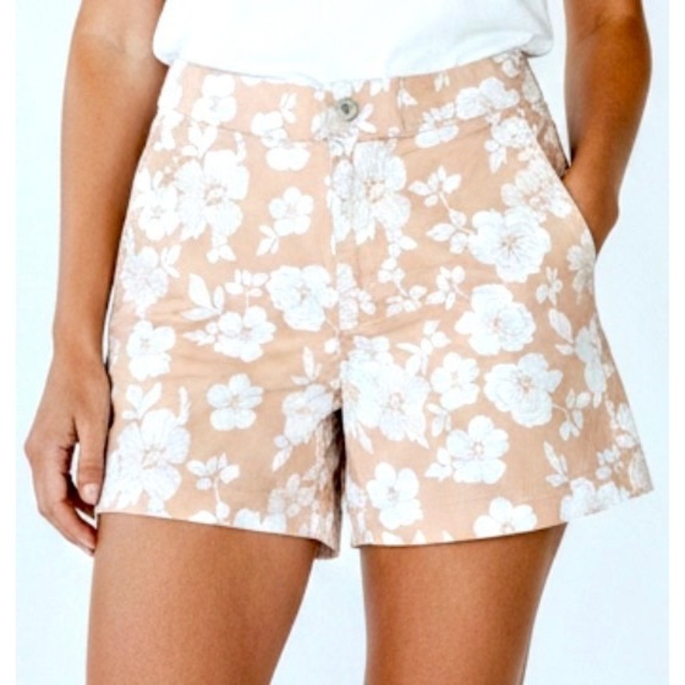 Jachs Girlfriend Tan Floral Stretch Satin Chino Shorts Elastic Waistband Small